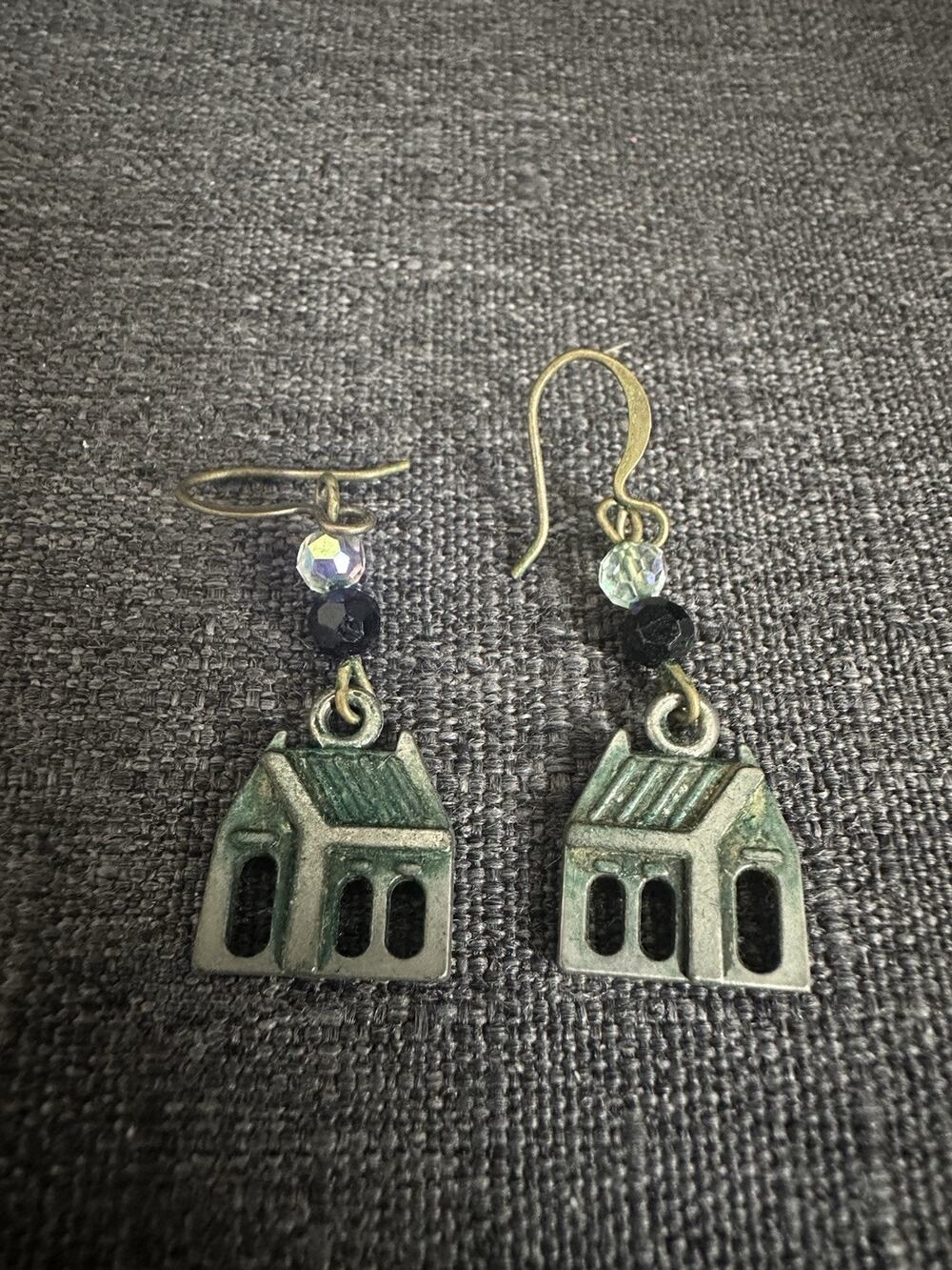 Cottage House Dangle Earrings Green Patina Black Beads Folk Art